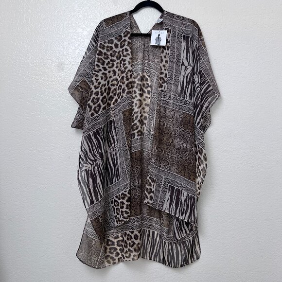 Jessica McClintock Animal Print Kimono Wrap Cover Up One Size Sheer Rhinestones - Picture 1 of 11